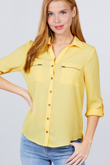 Yellow Roll Up Sleeve Blouse
