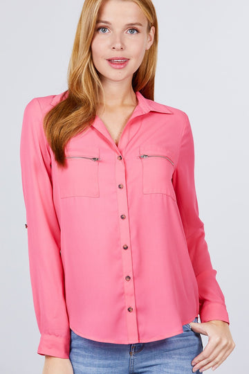 Pink Roll Up Sleeve Blouse