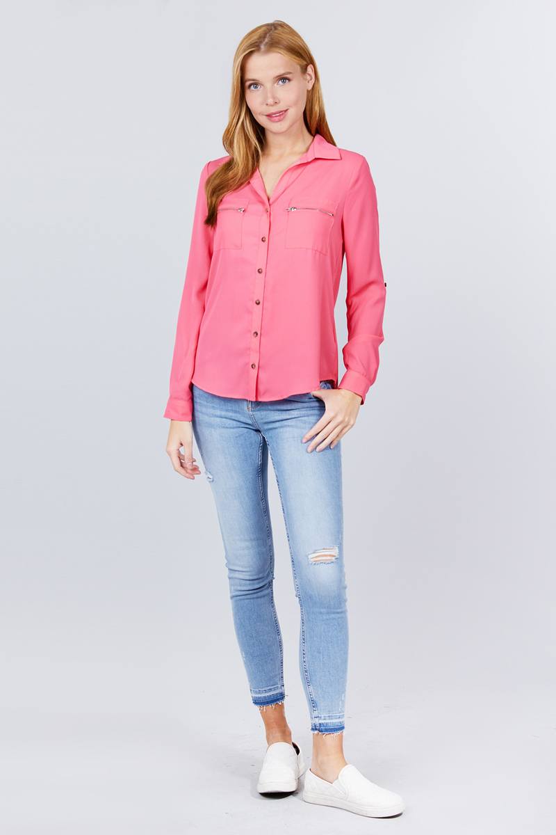 Pink Roll Up Sleeve Blouse