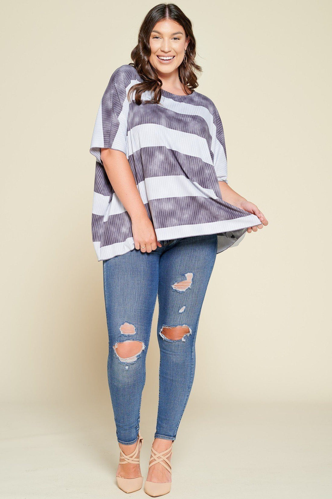 Blue Striped Pleated Blouse