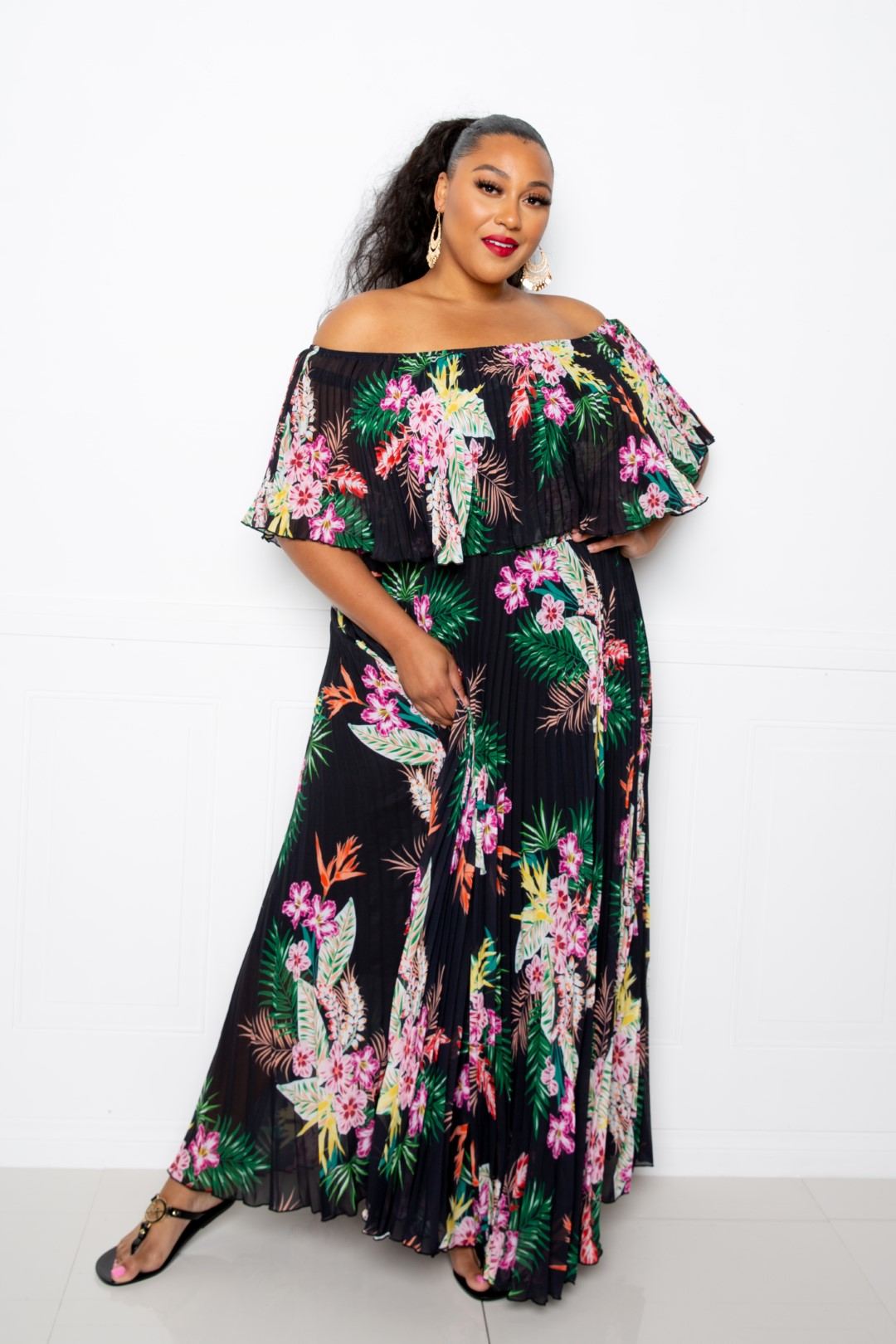 Tropical Printed Off Shoulder Maxi Dress