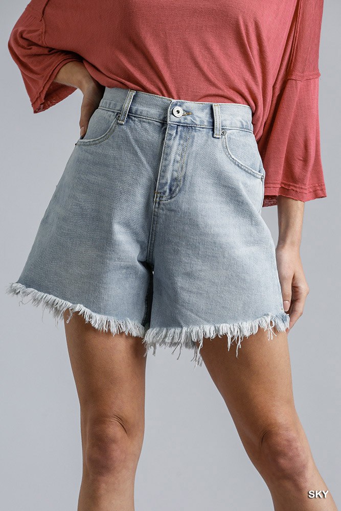 High Rise Shorts With Raw Hem