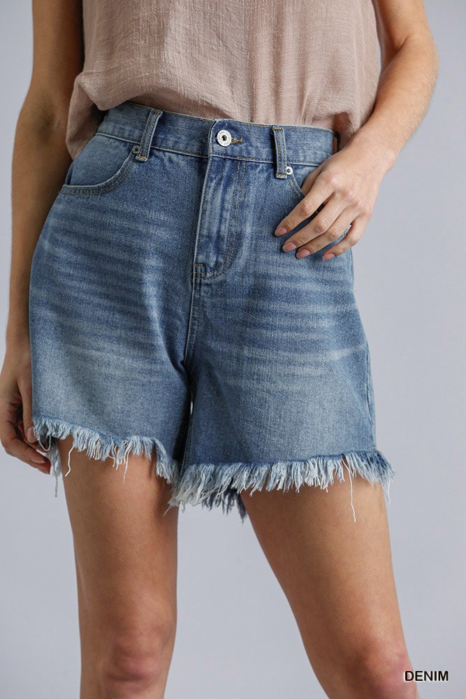 High Rise Shorts With Raw Hem