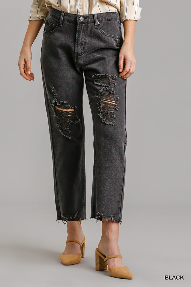 5 Pockets Straight Cut Distressed Jeans