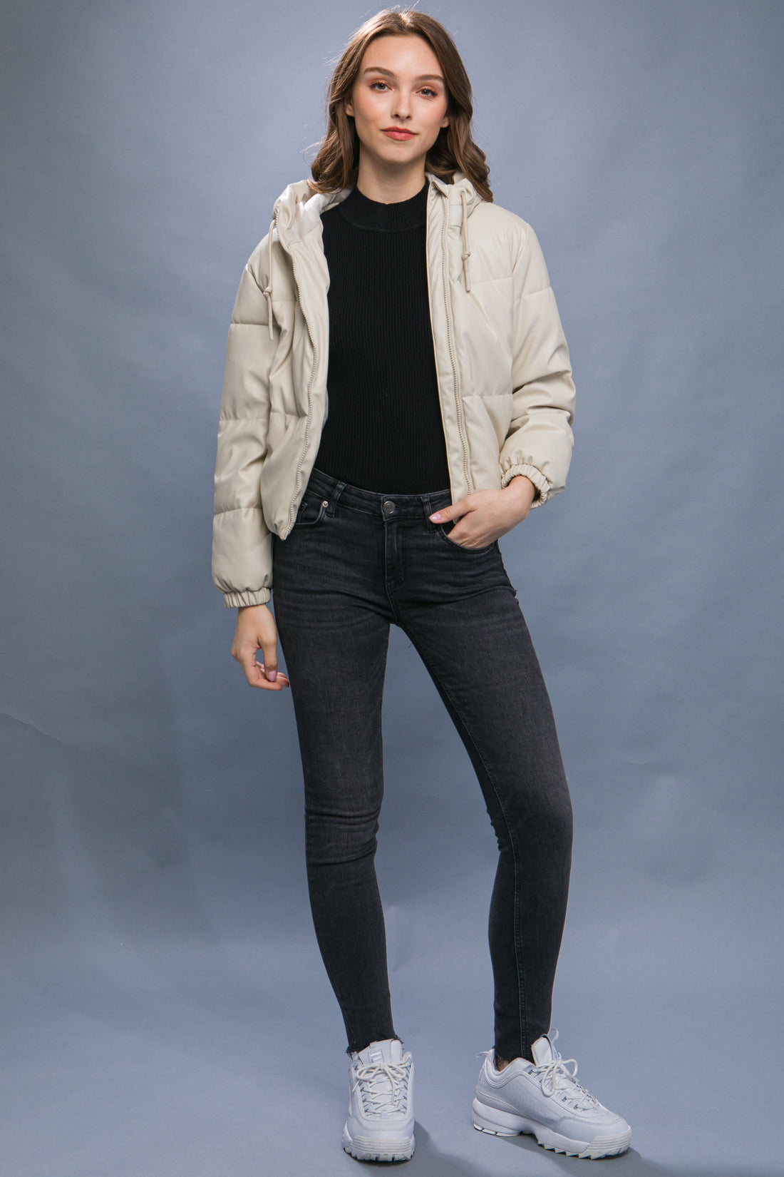 Hooded Leather Puffer Jacket