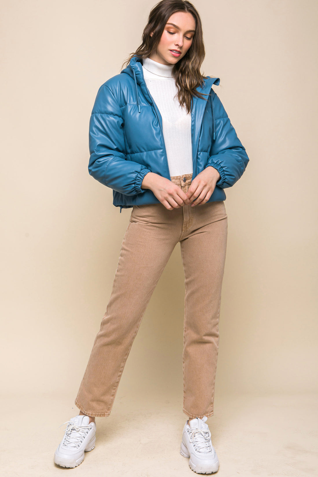 Hooded Leather Puffer Jacket