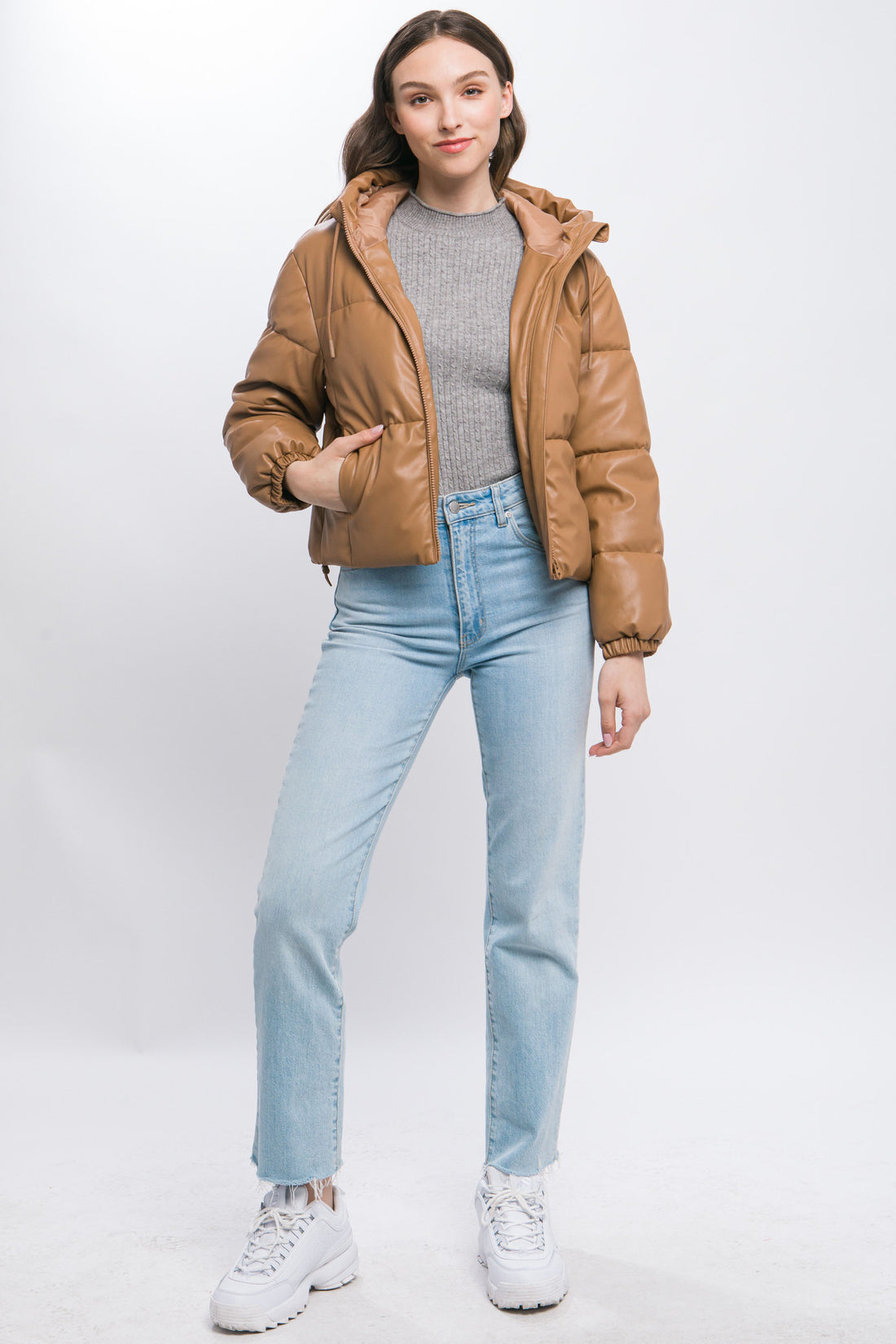Hooded Leather Puffer Jacket