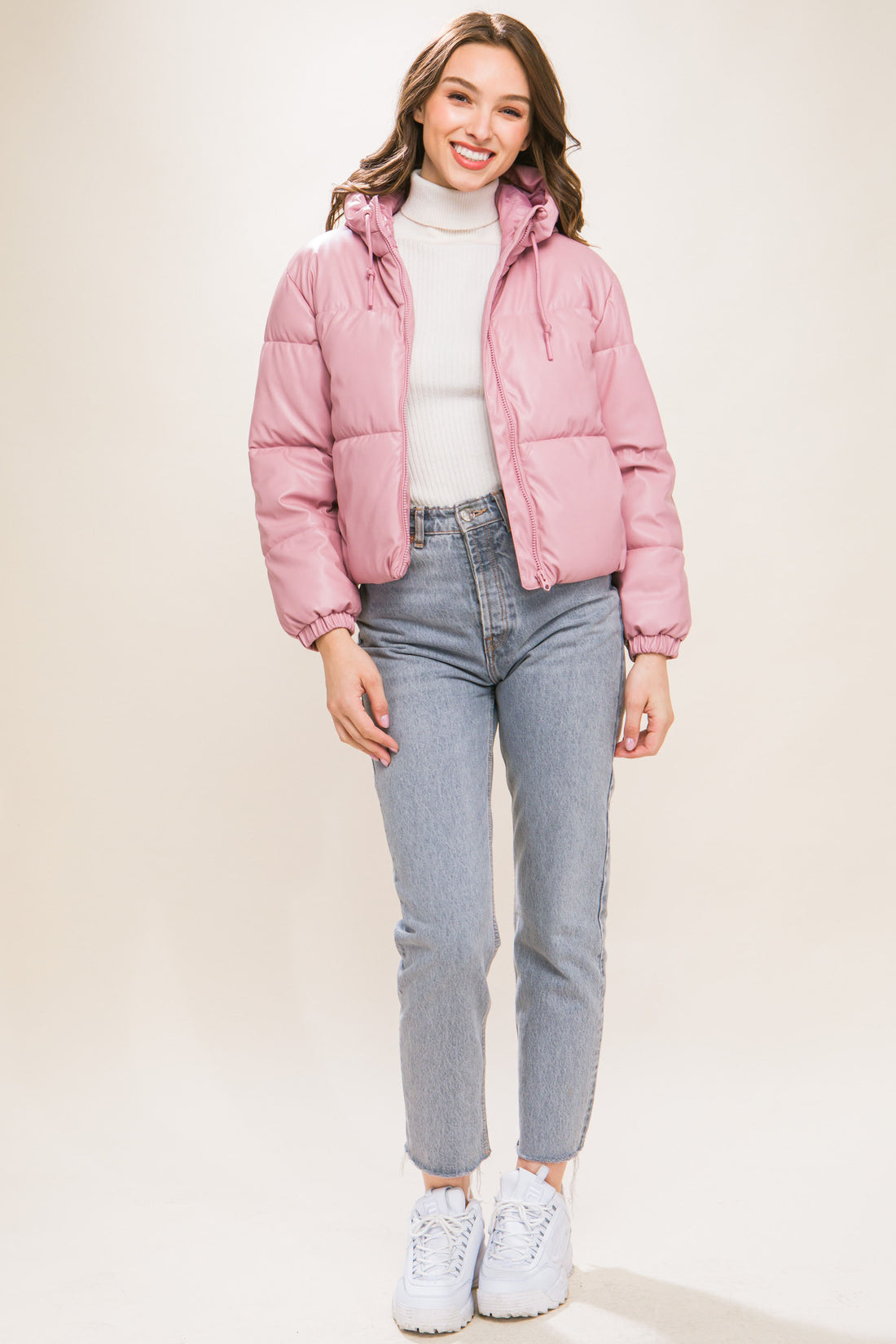 Hooded Leather Puffer Jacket