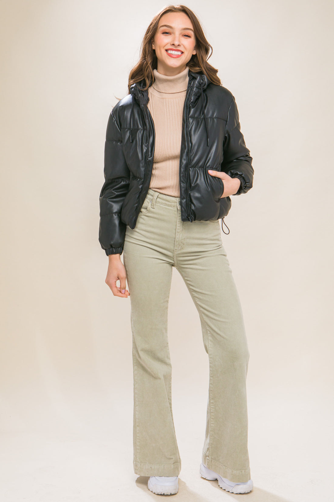 Hooded Leather Puffer Jacket