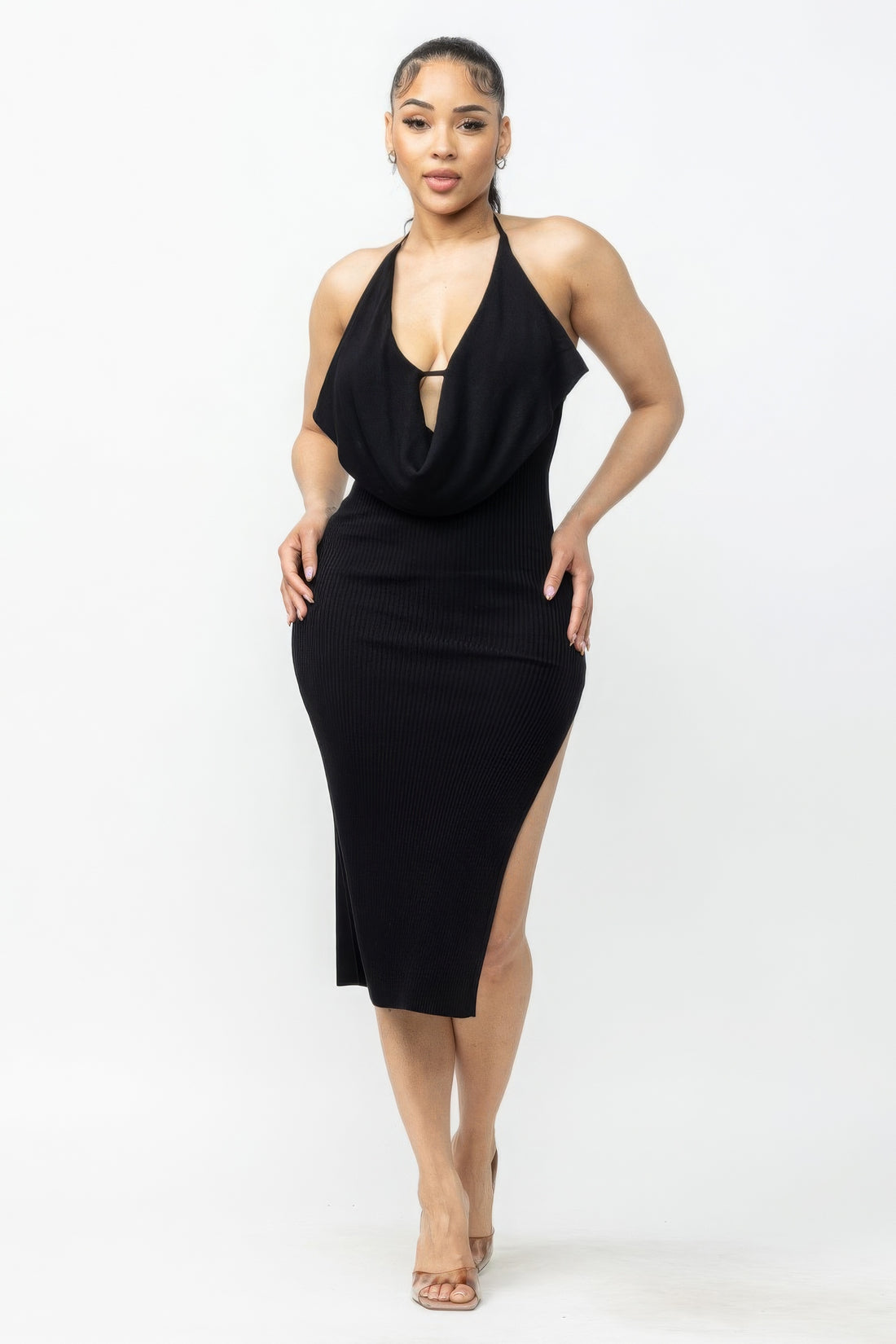 Tie Halter Drape Neck Dress