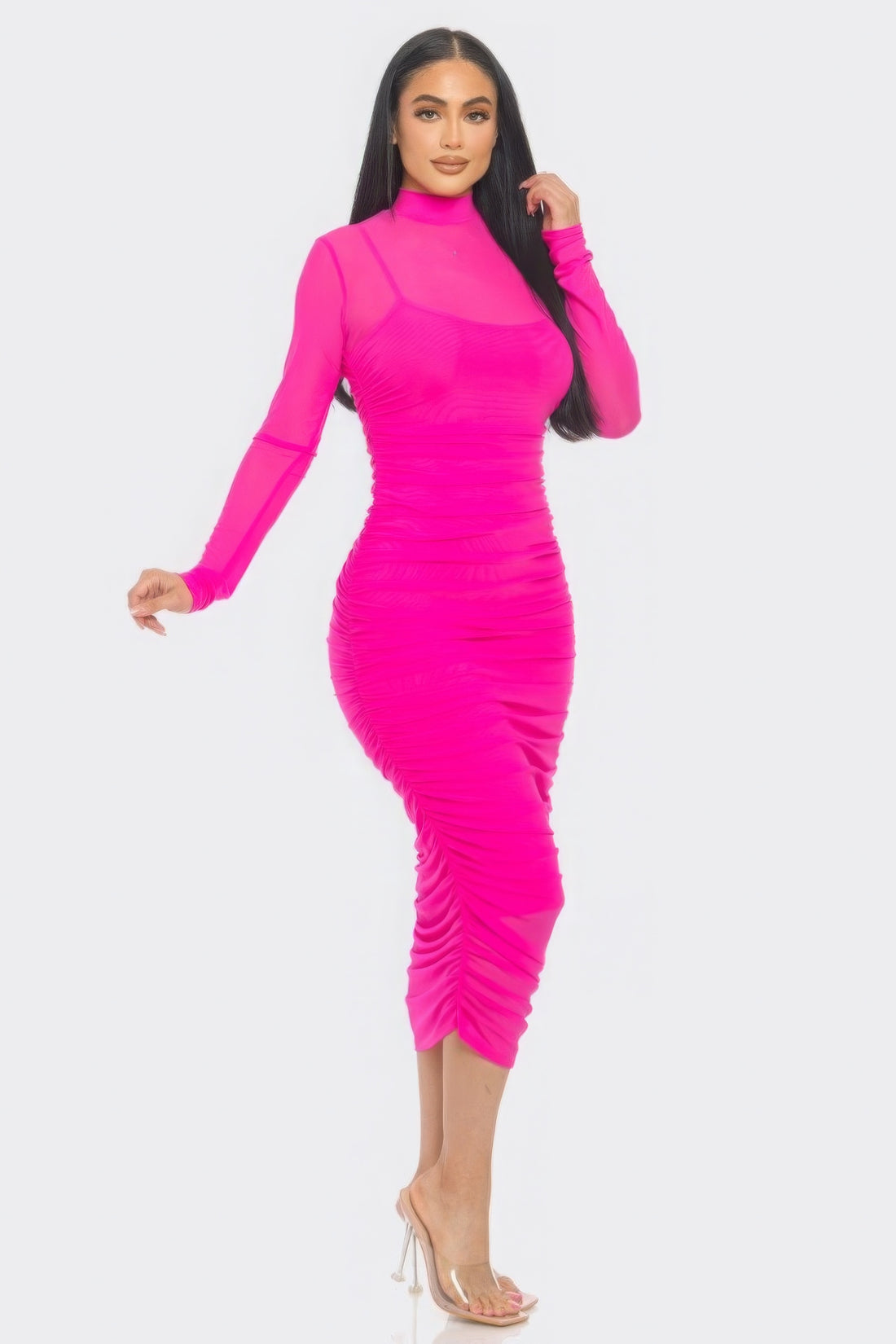 Pink Mesh Ruched Midi Dress