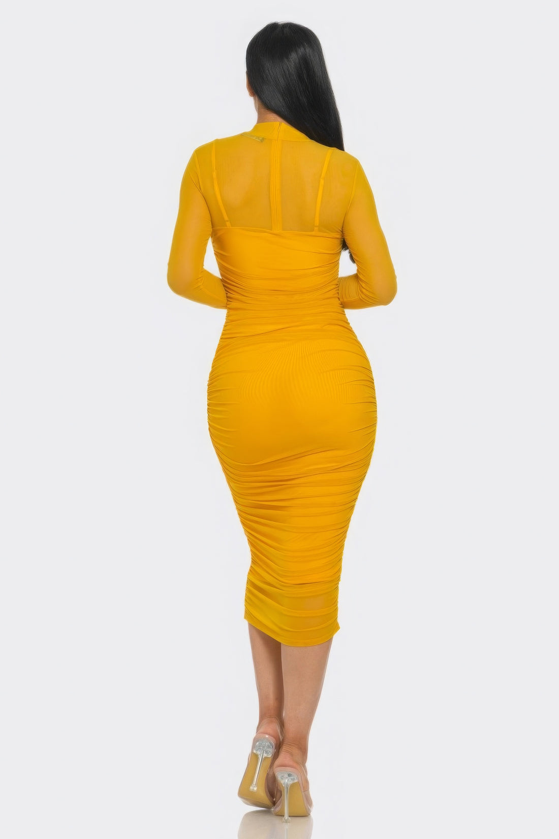 Yellow Mesh Ruched Midi Dress