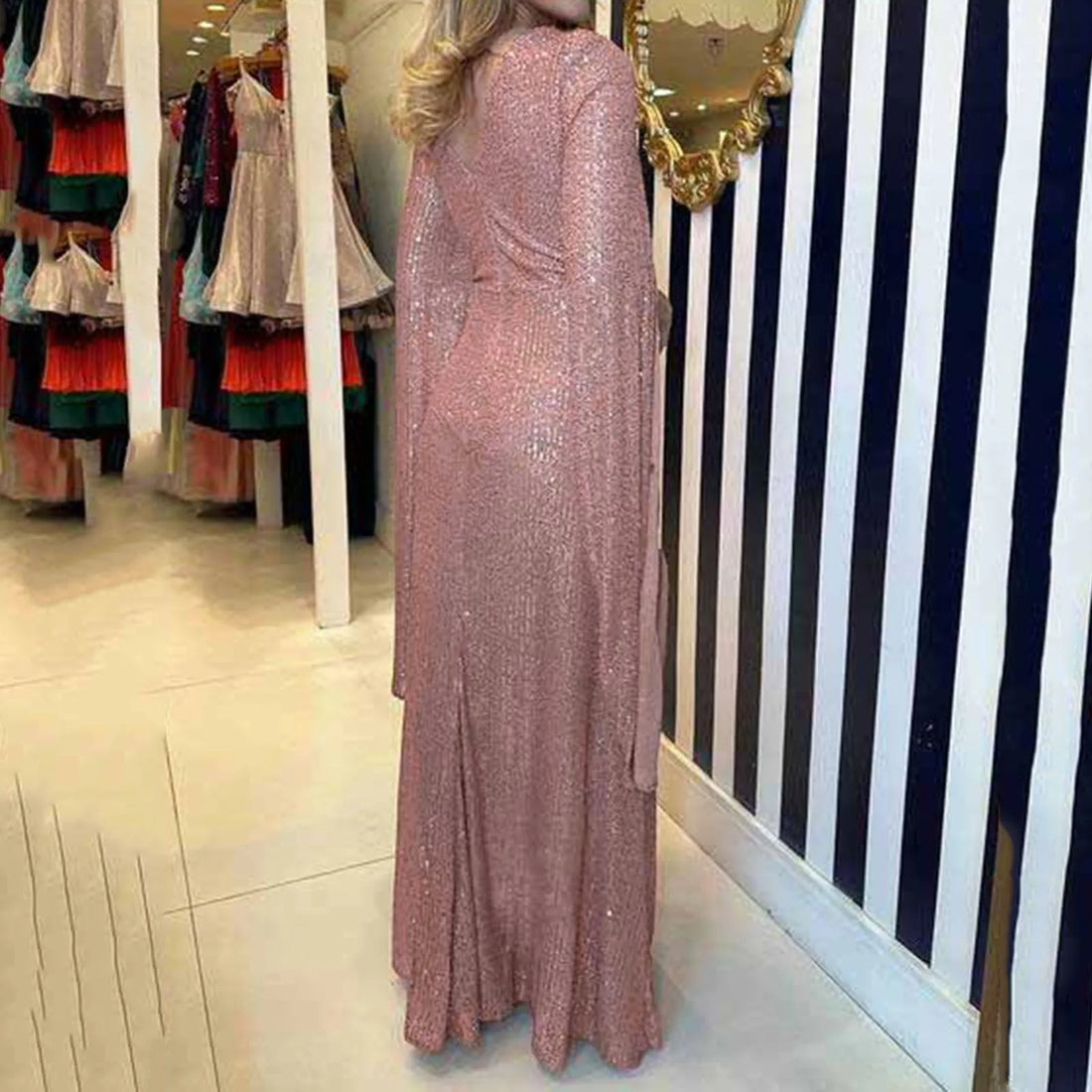 Long Sleeve Beaded Sequin Gown